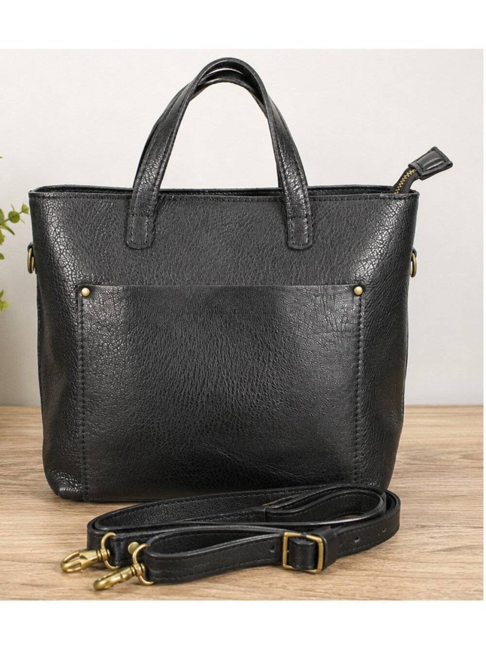 Portland Leather Goods Black Leather Tote Crossbody Bag